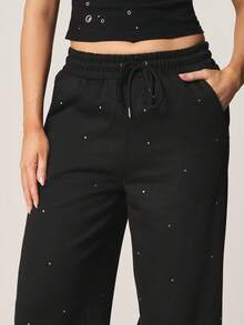 MISSGUIDED Relaxed Wide Leg Joggers With Hotfix Crystal Rhinestone Embellishments All Over Print - Black - View 4
