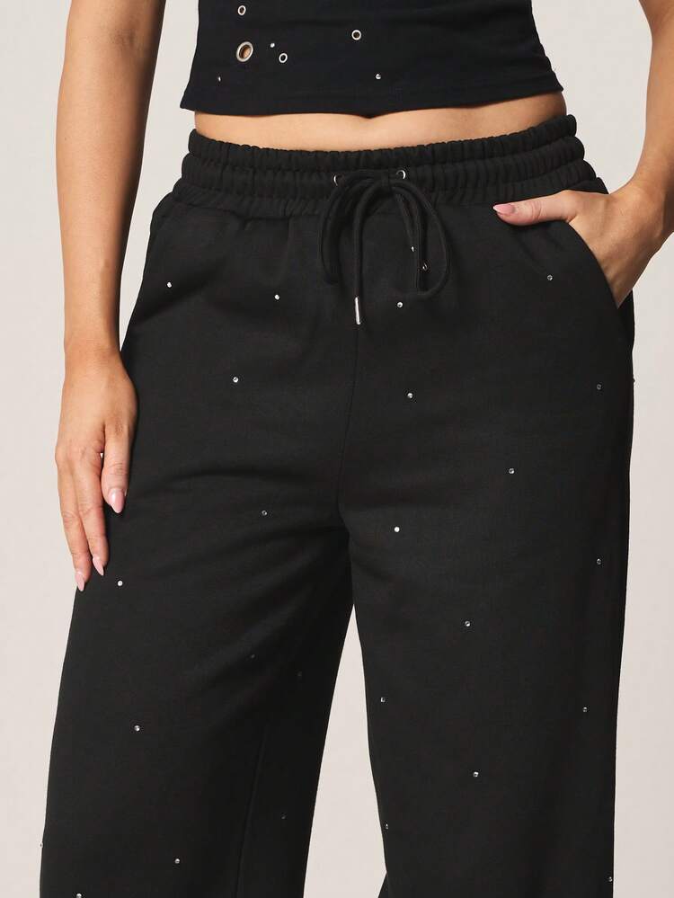 MISSGUIDED Relaxed Wide Leg Joggers With Hotfix Crystal Rhinestone Embellishments All Over Print