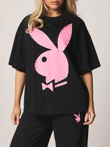 Missguided x Playboy 超大水洗水钻圆领短袖纯棉T恤，饰有大兔子图案印花，适合休闲街头风穿着。 - 黑色 - 查看 1