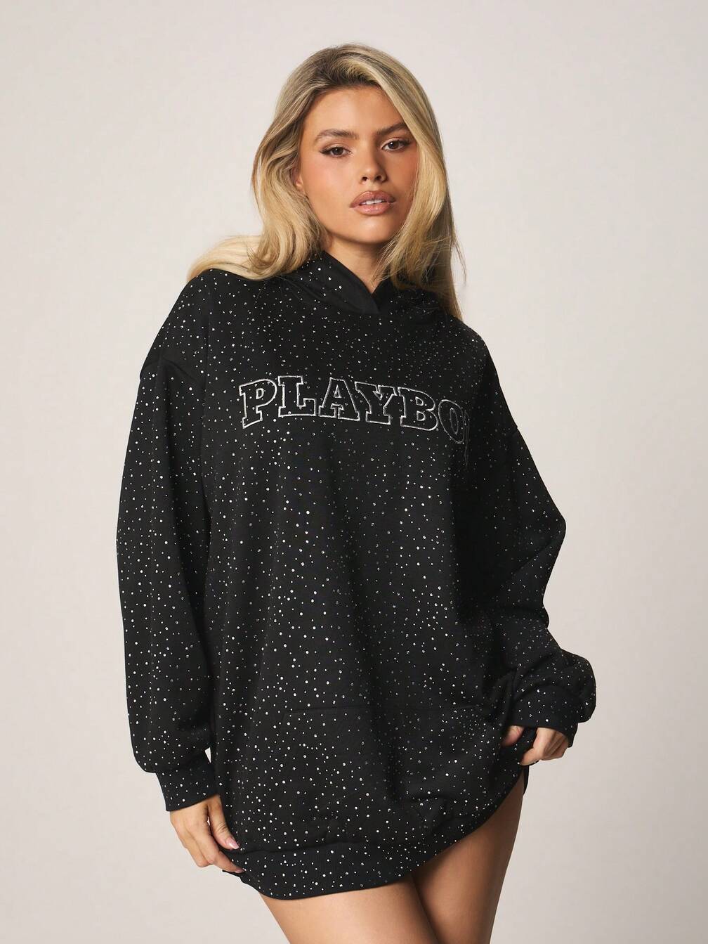 playboy x missguided black oversized slogan hoodie dress Missguided Playboy magazine back graphic hoodie dress in black