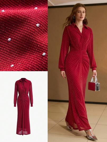 MOTF PREMIUM WOMEN'S RHINESTONE EMBELLISHED LONG FORMAL DRESS, WINE RED