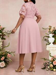 Fleurora Plus Size Women's Elegant Dusty Pink Summer Lace Patchwork Midi Dress,Wedding Ninang Graduation Guest Outfit,Short Sleeve Tea Party Birthday Dresses - Pink - View 2