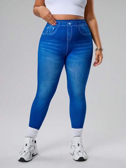 Rhythm Era Plusstorlek Dam Sömlösa Denimeffekt Magkontroll Hög Midja Leggings