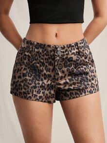 Easelle Leopard Print Star-Print Woven Sexy Women's Shorts, Casual Retro Shorts With Five-Pointed Star Pockets, Red 2026 Casual Shorts. - Khaki - View 3