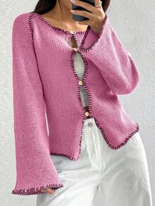 Flirla Women's Contrast Trim Raglan Sleeve Flared Cuff Casual Knit Cardigan - Hot Pink - View 4