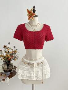 Elamini 休闲百搭极简镂空女式开衫毛衣 - 紅色 - 查看 4