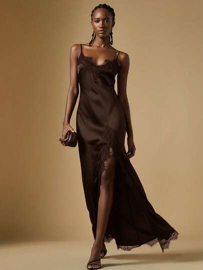 Briarwyn Abito da donna con spalle scoperte, spalline a spaghetti, pizzo marrone e patchwork, orlo con spacco alto, adatto per la primavera, outfit di San Valentino per donne, abito elegante da festa per donne, outfit da spiaggia, abito da ospite di matrimonio per donne, abito da cerimonia di matrimonio