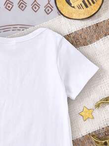 Baby Boy Casual Vintage Cute Cartoon Moon & Lantern Print Romper, Suitable For Spring/Summer, Ramadan Kareen - White - View 6