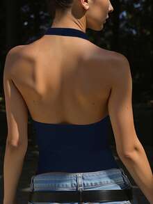 Zyxie Áo tank top crop ôm sát, màu trơn, cổ yếm, hở lưng, thích hợp cho mùa hè. - Màu xanh hải quân - Xem 2