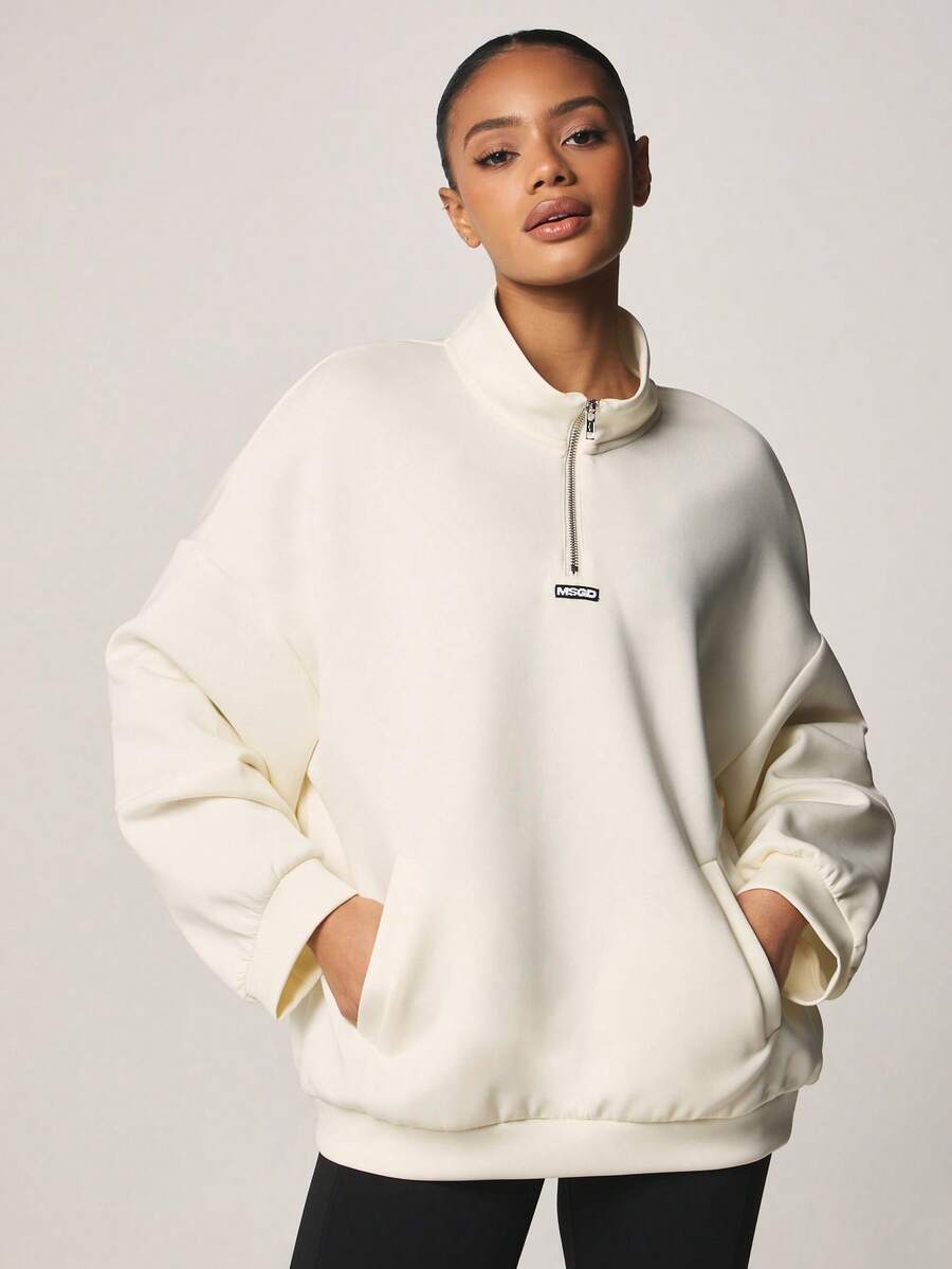 MISSGUIDED Sudadera con cremallera de cuarto y cuello alto, de manga larga, de corte relajado, para uso casual en invierno y otoño, cómoda y acogedora - Blanco - Ver 1