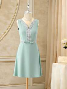 Đầm hai dây màu xanh bạc hà, cổ chữ V không tay, eo cao, dáng chữ A, cổ khoét sâu, thiết kế nơ 3D, thời trang thanh lịch, thích hợp cho các bé gái tuổi teen dự tiệc vũ hội - màu xanh lá - Xem 10