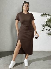 SHEIN Essnce Đầm nữ cỡ lớn tay ngắn màu xám vạt lệch, kiểu dáng thường ngày. - màu nâu - Xem 2