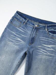 ROMWE MEN Street Life Jeans acampanados casuales para hombres con aplicaciones de rhinestones lavados - Bronce - Ver 4