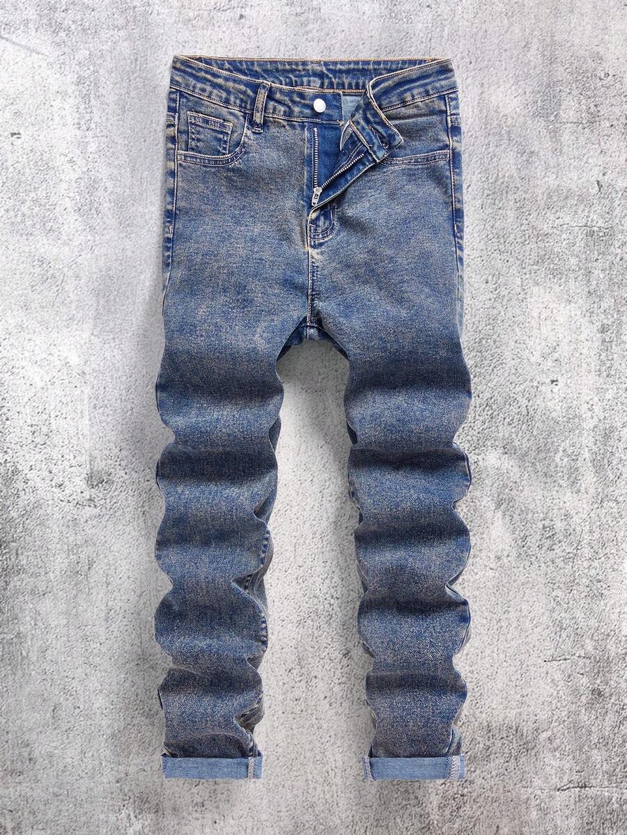 SHEIN Tween Boys' Stonewashed Distressed Skinny Denim Black Jeans,For Back To School Clothes And Fall Clothes - Dark Wash - View 1