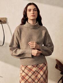 Chiquease Solid Color High Neck Dropped Shoulder Long Sleeve Loose Casual Knit Sweater - Khaki - View 3