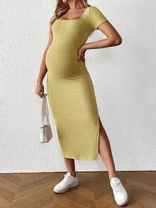 SHEIN Maternity Casual Solid Color Side Slit Fitted Dress, Summer - Yellow - View 7