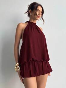 Aloruh Đầm ngắn cổ yếm màu trơn dáng xòe thường ngày dành cho nữ - Màu Đỏ Sâu - Xem 5