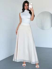 Firerie 女士优雅简约浪漫约会度假海滩日常通勤杏色浅黄色雪纺飘逸A字褶裥拉链设计半身裙，春夏款 - 杏色 - 查看 7