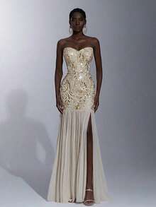 Elitara Đầm Maxi xẻ tà cao cổ chữ V, lưng thấp, lưới trong suốt, trang trí ngọc trai sang trọng màu mơ thanh lịch, thích hợp cho tiệc tùng, bãi biển, trở lại trường, hẹn hò, đám cưới, sinh nhật, tốt nghiệp, trà chiều, xuân/hè - Màu be - Xem 2