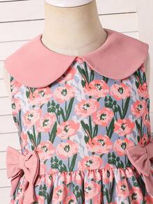 SHEIN Kids Sleeveless A Line Flared Peter Pan Collar Short Dress With Plant Pattern And Bows,Kids - Pink - View 6