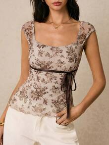 Women's Asymmetrical Hem Printed T-Shirt, Casual Summer Vacation - Khaki - View 3