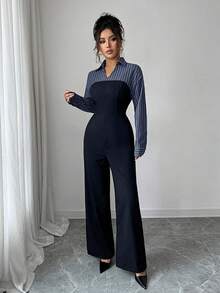 Rafferiza 女士优雅拼接长袖连体裤，适合通勤 - 藏蓝色 - 查看 3