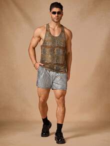 HIMLAND Men's Knitted Fashionable Casual Loose Sleeveless Tank Top Men Sexy Top Mesh Men Top Mens Muscle Shirts Mens Clubwear Gay Men Clothes - Gold - View 3