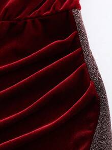 GlowEve Elegant Romantic Sequin Ruffle Asymmetric Sleeve Velvet Pleated Asymmetrical Hem New Year Dress - Burgundy - View 3