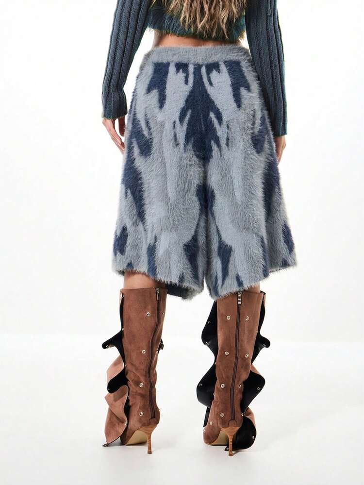 SUMWON WOMEN Flauschige Strickhose im Camouflage-Look mit weitem Bein