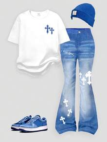 Spring, Summer & Autumn Girls' Casual Fashionable Creative Personalized Fresh Minimalist Cross Denim-Look Letter Graphic Print T-Shirt And Flared Pants 2-Piece Outfit, Comfortable Daily Wear, Suitable For Spring, Summer, Autumn Medium Wash Blue Jeans Fashion Print Jeans Loose Flare Leg Jeans Tween Girls Flare Leg Jeans Girls Bell Bottom Jeans