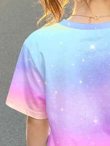 返校季，卡通女孩，亮紫色，韩流巨星，休闲风，动漫女孩印花图案，少女休闲简约短袖短裤两件套，适合夏季 - 彩色 - 查看 6