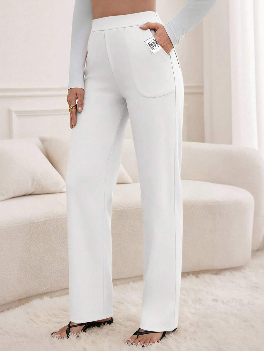 SHEIN Tall Women's Casual Everyday Office Commute Minimalist Letter Patch Pocket Loose Straight Leg Pants White Sweatpants Women White Pants White High Waisted Sweatpants Loungewear Women Sweats For Women Flared Sweatpants - White - View 1