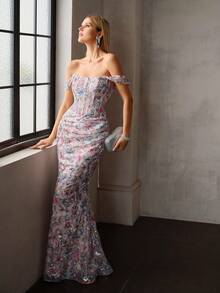 MOTF PREMIUM ELEGANT OFF SHOULDER MAXI MERMAID GOWN WITH RANDOM FLORAL BEADED FABRIC, BACK LACE-UP & FORM-FITTING SILHOUETTE PERFECT FOR FORMAL EVENTS & ROMANTIC PARTIES - Baby Pink - View 4