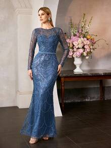 MOTF PREMIUM 对比色网眼珠饰美人鱼下摆超长晚礼服 - 霧霾藍 - 查看 6
