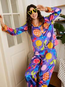 Young Pineapple, Cherry, Pomegranate, Grape Fruit Print Lapel Cardigan Women Pajama Set - Multicolor - View 5