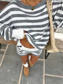 Muchica 2pcs Ombre Striped Knit Sweater And Shorts Set - Grey - View 3
