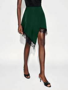 Maija 女士不对称撞色蕾丝下摆半身裙，都市通勤商务休闲OL优雅之选，适合春夏，情人节不对称叠层半身裙开衩半身裙高低裙摆半身裙，现代都市休闲时尚商务休闲女装OL低调老钱风轻松气质高端都市通勤高品质机场女装高端面料 - 墨綠色 - 查看 5