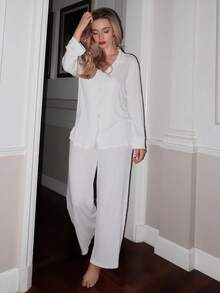 Turnttoni 休闲纯色纽扣前开襟家居服套装 白色套装 假日舒适装束 秋冬服装 - 白色 - 查看 6