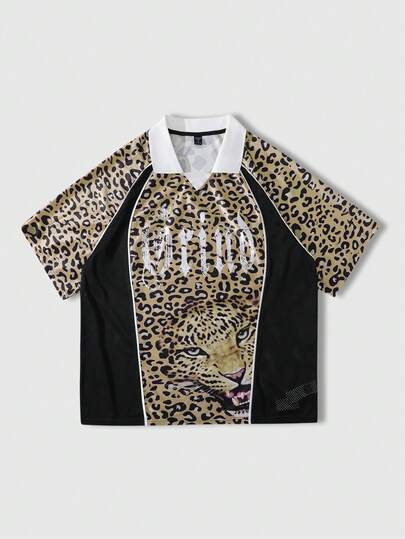 Men's Raglan Sleeve Casual Half-Zip Leopard Print Polo Shirt