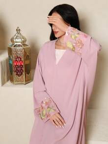 Yasmyna Women's Sequin Floral Embroidery Cuff Loose Elegant Arabic Abaya Robe