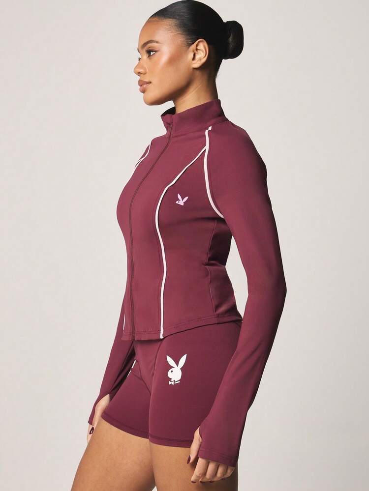Missguided x Playboy Women Burgundy Full Zip Track Jacket With Long Sleeves And White Contrast Piping Athletic Outerwear For Fall Winter
