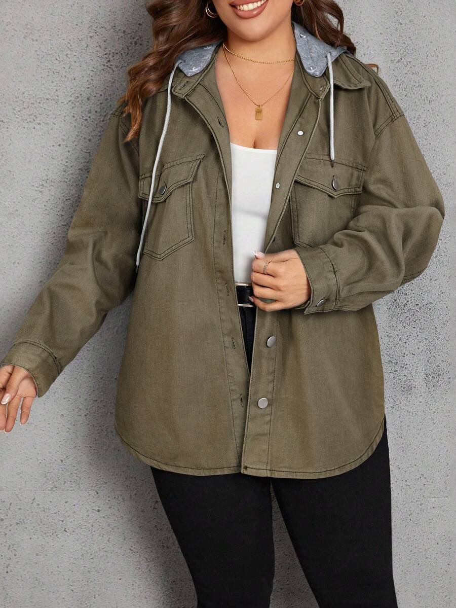 EMERY ROSE Plus Size Casual Washed Denim Jacket, Autumn - Army Green - View 1