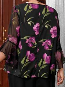 EMERY ROSE Plus Size Boho Multicolor Random Print Blouse With Round Neck And Three Quarter Flare Sleeves Woven Fabric Top - Multicolor - View 2