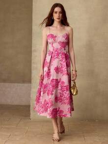 MOTF PREMIUM WOMEN'S JACQUARD WEAVE MIDI A-LINE SLIP DRESS, SUITABLE FOR OCCASIONS, DATES, SPRING/SUMMER - Hot Pink - View 6