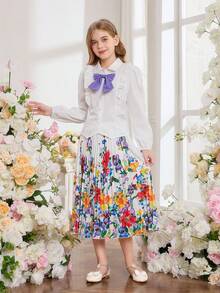 Tween Girl Bow Ruffle Trim Long Sleeve Blouse And Floral Print Pleated Skirt Set - White - View 4