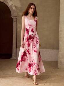 MOTF PREMIUM WOMEN'S FLORAL PRINT SLEEVELESS WAIST CINCHED DRESS, SUMMER VACATION STYLE - Multicolor - View 5