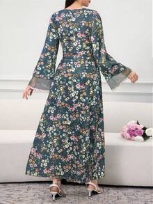 Al Najma Elegant Floral Print Patchwork Sheer Mesh Flare Sleeve Cinched Waist Robe, Resort Style, Spring/Autumn - Blue - View 6