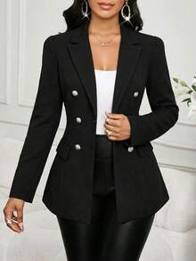 SHEIN Lady Women's Elegant Double-Breasted Thin Blazer Jacket For Commuting, Autumn - Black - View 1