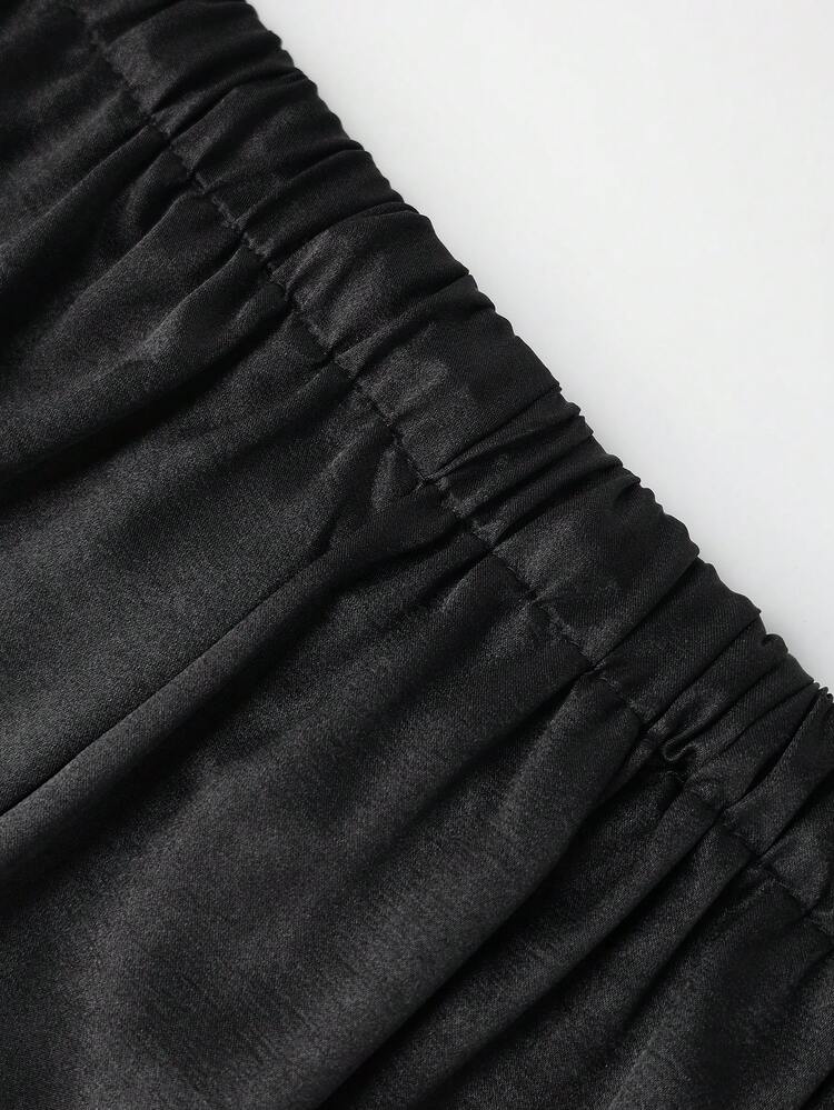 SHEIN PETITE CURVE Plus Size Women's Shiny Casual Straight Leg Pants, Minimalist Style For Commuting And Everyday Wear - Black - View 4