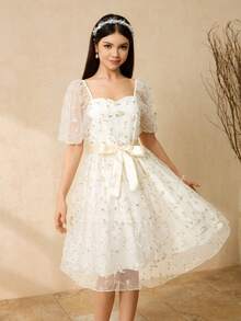 少女泡泡袖网纱刺绣连衣裙，收腰设计，优雅派对礼服 - 白色 - 查看 5